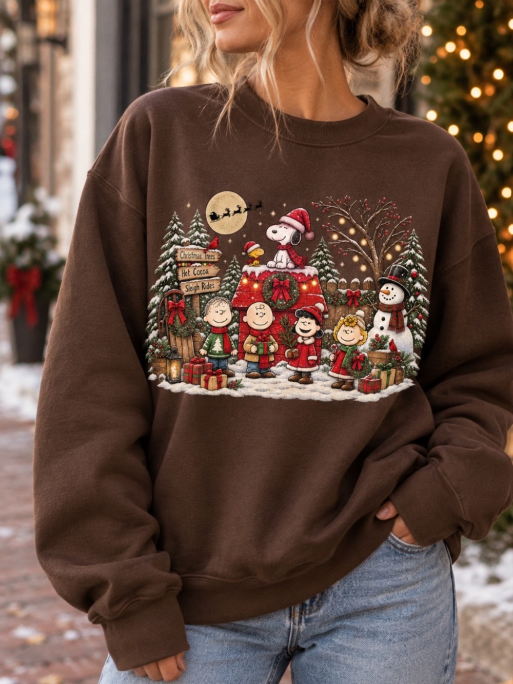 Christmas Friends Sweatshirt Doghouse Snowman Graphic Gildan Dark Chocolate